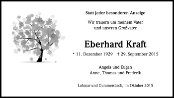 Anzeige von Eberhard Kraft von Kölner Stadt-Anzeiger / Kölnische Rundschau / Express
