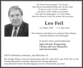 Anzeige von Leo Feil von  Sonntags-Post 