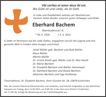 Anzeige von Eberhard Bachem von Kölner Stadt-Anzeiger / Kölnische Rundschau / Express