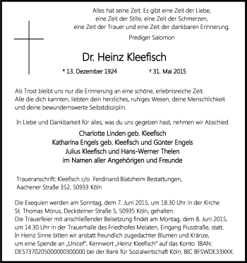 Anzeige von Heinz Kleefisch von Kölner Stadt-Anzeiger / Kölnische Rundschau / Express