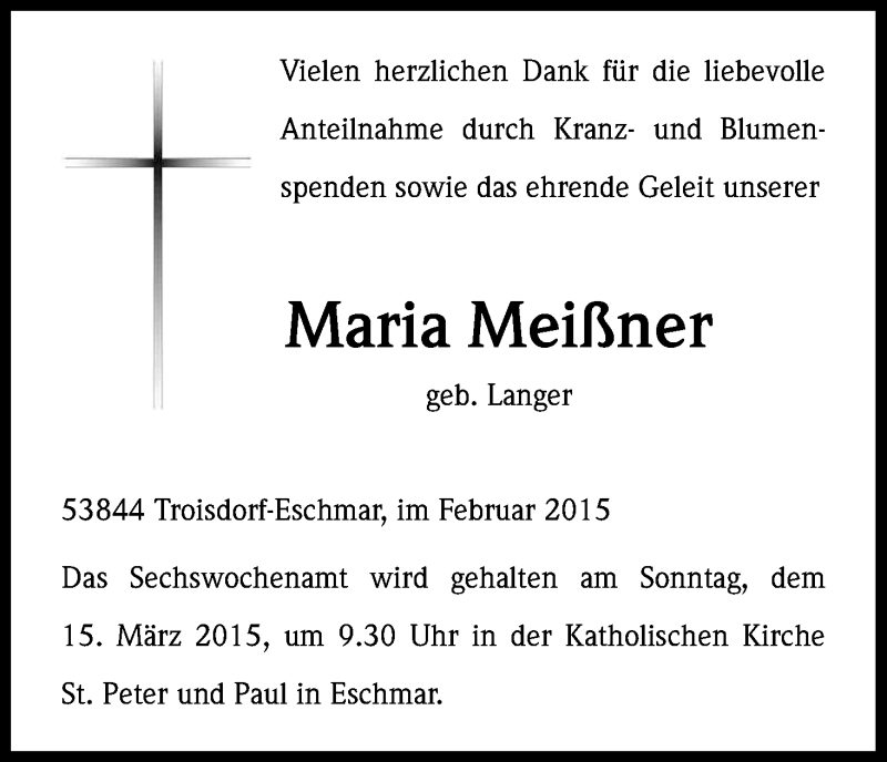  Traueranzeige für Maria Meißner vom 28.02.2015 aus Kölner Stadt-Anzeiger / Kölnische Rundschau / Express