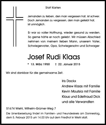 Anzeige von Josef Rudi Klaas von Kölner Stadt-Anzeiger / Kölnische Rundschau / Express