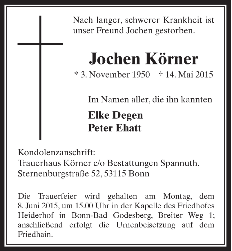  Traueranzeige für Jochen Körner vom 03.06.2015 aus  Schaufenster/Blickpunkt 