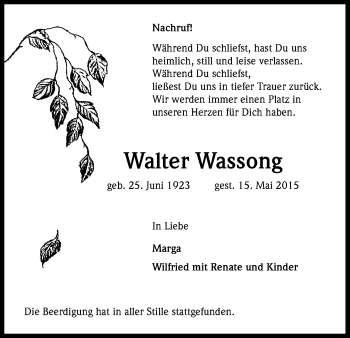 Anzeige von Walter Wassong von Kölner Stadt-Anzeiger / Kölnische Rundschau / Express