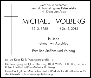 Anzeige von Michael Volberg von Kölner Stadt-Anzeiger / Kölnische Rundschau / Express