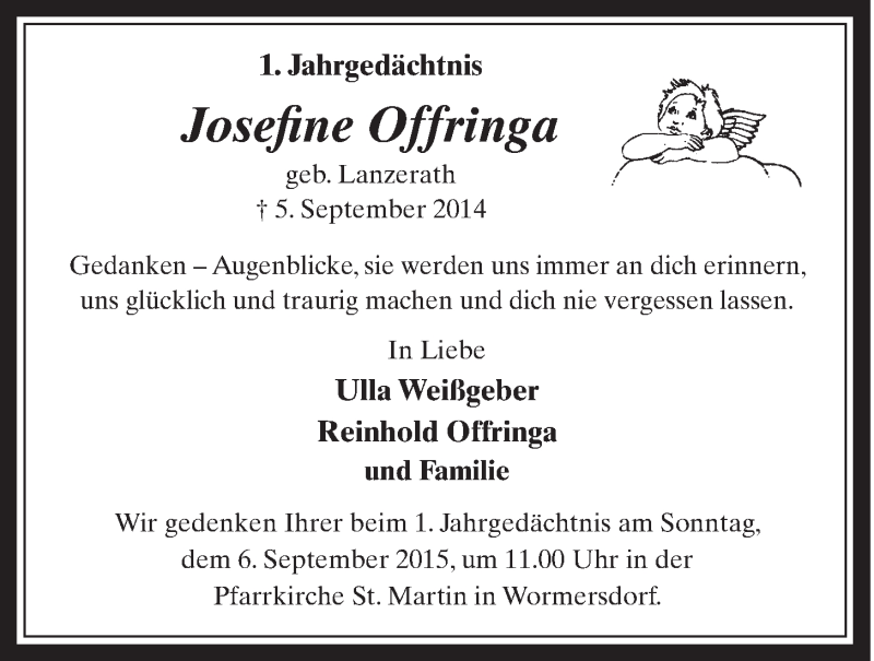  Traueranzeige für Josefine Offringa vom 26.08.2015 aus  Schaufenster/Blickpunkt 