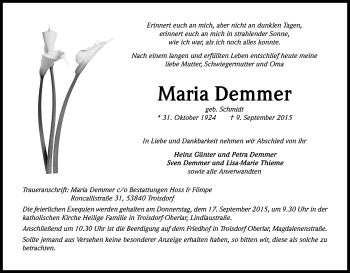 Anzeige von Maria Demmer von Kölner Stadt-Anzeiger / Kölnische Rundschau / Express