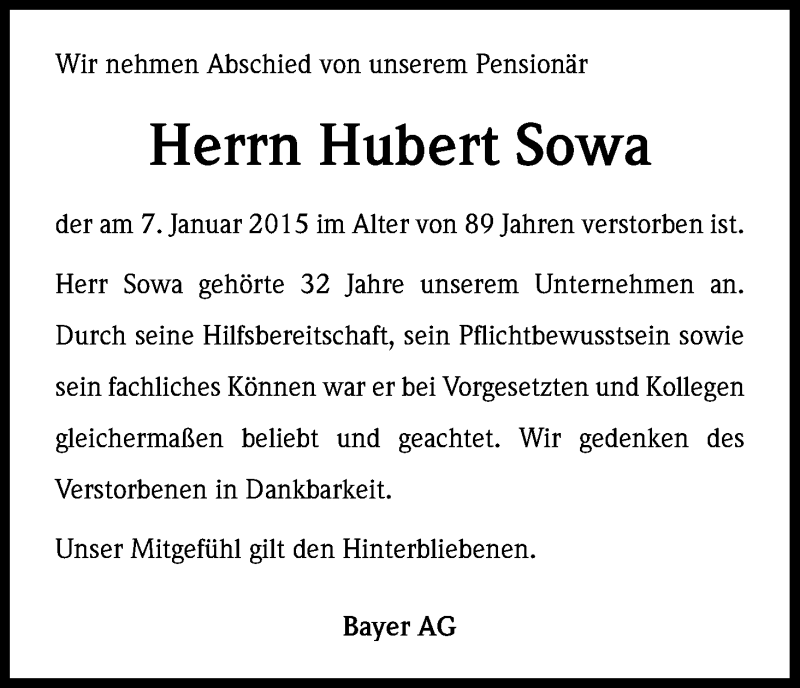  Traueranzeige für Hubert Sowa vom 15.01.2015 aus Kölner Stadt-Anzeiger / Kölnische Rundschau / Express
