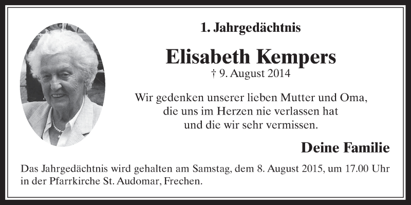  Traueranzeige für Elisabeth Kempers vom 05.08.2015 aus  Wochenende 