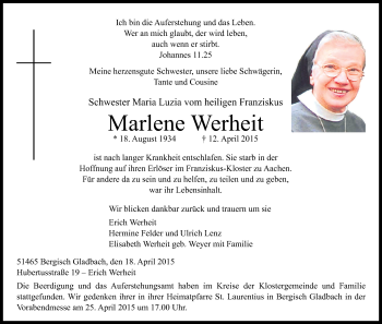 Anzeige von Marlene Werheit von Kölner Stadt-Anzeiger / Kölnische Rundschau / Express