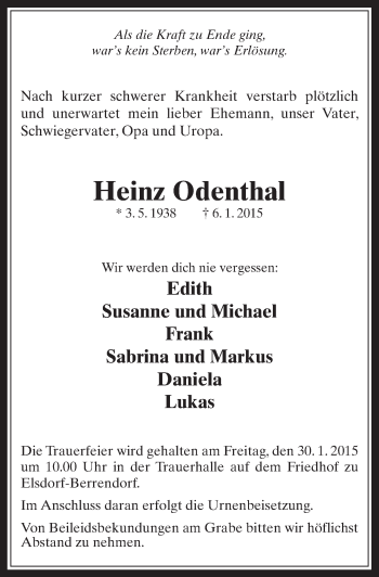 Anzeige von Heinz Odenthal von  Werbepost 