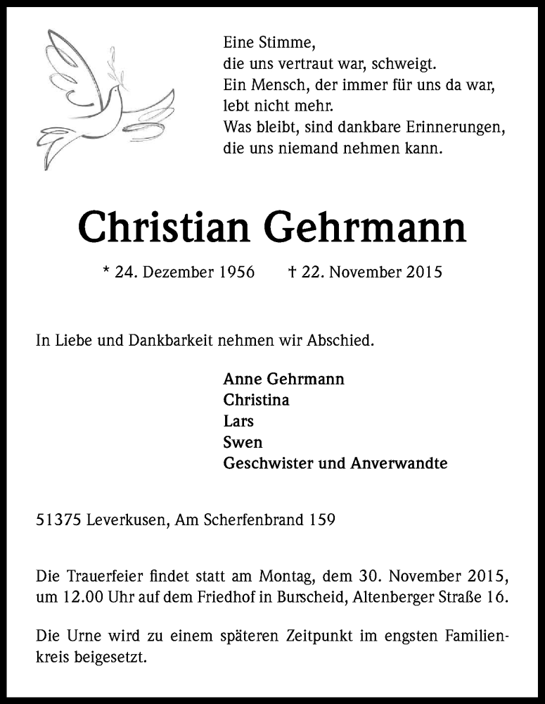  Traueranzeige für Christian Gehrmann vom 26.11.2015 aus Kölner Stadt-Anzeiger / Kölnische Rundschau / Express