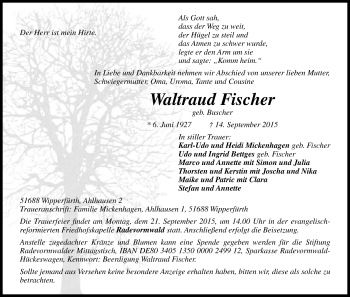 Anzeige von Waltraud Fischer von Kölner Stadt-Anzeiger / Kölnische Rundschau / Express