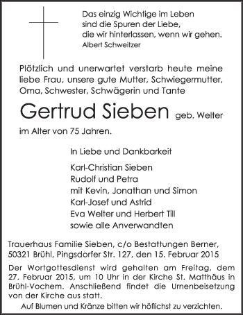 Anzeige von Gertrud Sieben von  Schlossbote/Werbekurier 