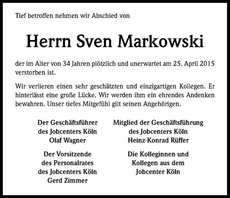  Traueranzeige für Sven Markowski vom 09.05.2015 aus Kölner Stadt-Anzeiger / Kölnische Rundschau / Express