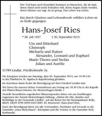 Anzeige von Hans-Josef Ries von Kölner Stadt-Anzeiger / Kölnische Rundschau / Express