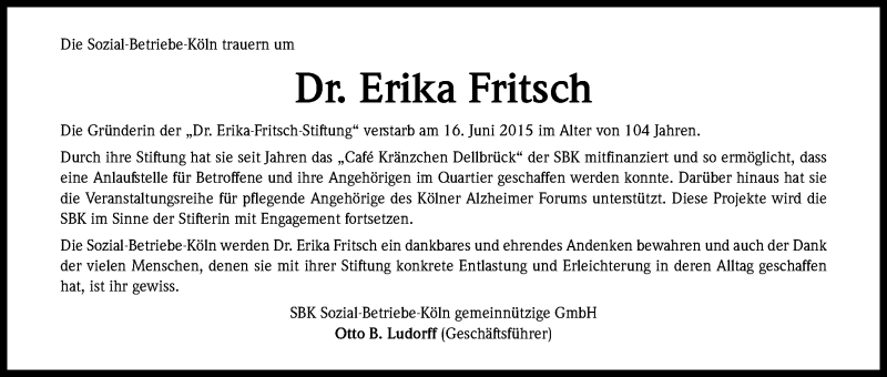  Traueranzeige für Erika Fritsch vom 01.07.2015 aus Kölner Stadt-Anzeiger / Kölnische Rundschau / Express