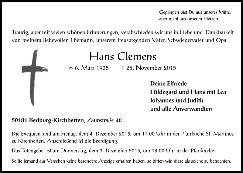  Traueranzeige für Hans Clemens vom 02.12.2015 aus Kölner Stadt-Anzeiger / Kölnische Rundschau / Express