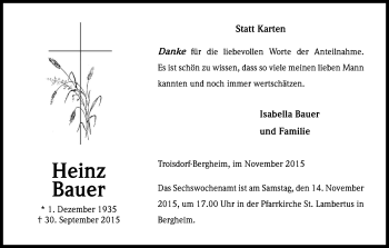 Anzeige von Heinz Bauer von Kölner Stadt-Anzeiger / Kölnische Rundschau / Express