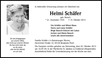 Anzeige von Helmi Schäfer von Kölner Stadt-Anzeiger / Kölnische Rundschau / Express