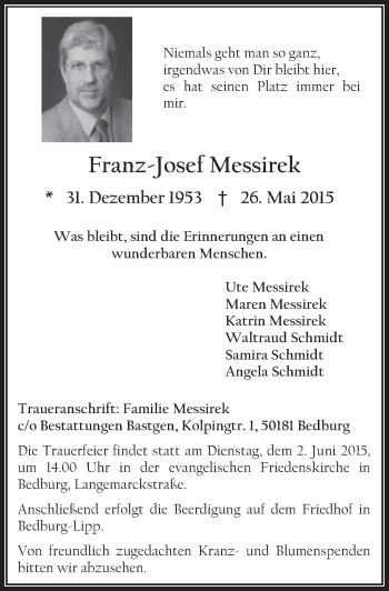 Anzeige von Franz-Josef Messirek von  Sonntags-Post 