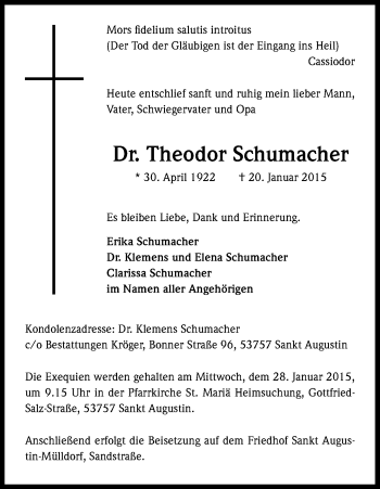Anzeige von Theodor Schumacher von Kölner Stadt-Anzeiger / Kölnische Rundschau / Express