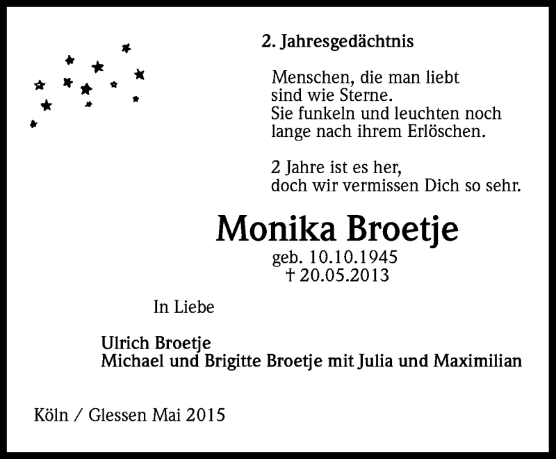  Traueranzeige für Monika Broetje vom 23.05.2015 aus Kölner Stadt-Anzeiger / Kölnische Rundschau / Express