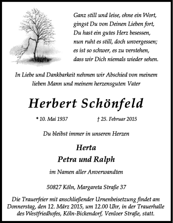 Anzeige von Herbert Schönfeld von Kölner Stadt-Anzeiger / Kölnische Rundschau / Express