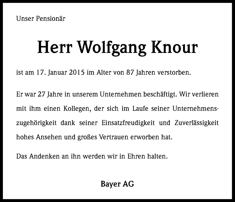  Traueranzeige für Wolfgang Knour vom 26.01.2015 aus Kölner Stadt-Anzeiger / Kölnische Rundschau / Express