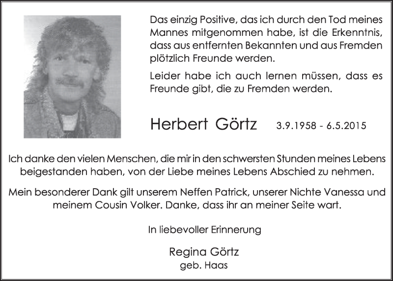  Traueranzeige für Herbert Görtz vom 08.07.2015 aus  Schlossbote/Werbekurier 