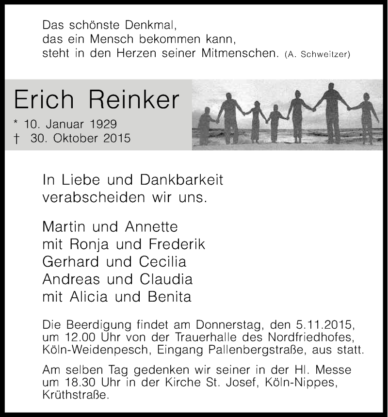  Traueranzeige für Erich Reinker vom 04.11.2015 aus Kölner Stadt-Anzeiger / Kölnische Rundschau / Express