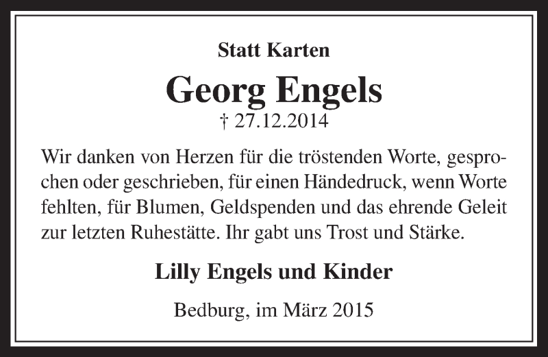  Traueranzeige für Georg Engels vom 11.03.2015 aus  Werbepost 