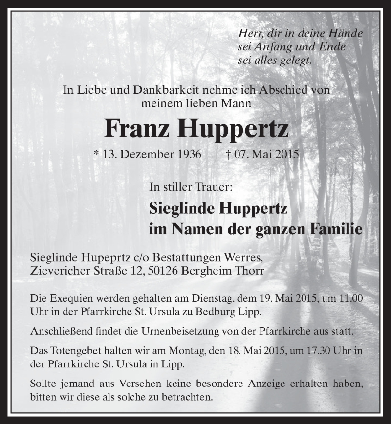  Traueranzeige für Franz Huppertz vom 13.05.2015 aus  Werbepost 