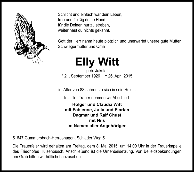  Traueranzeige für Elly Witt vom 29.04.2015 aus Kölner Stadt-Anzeiger / Kölnische Rundschau / Express