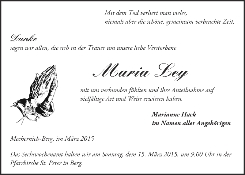  Traueranzeige für Maria Ley vom 08.03.2015 aus  Blickpunkt Euskirchen 
