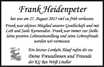 Anzeige von Frank Heidenpeter von Kölner Stadt-Anzeiger / Kölnische Rundschau / Express
