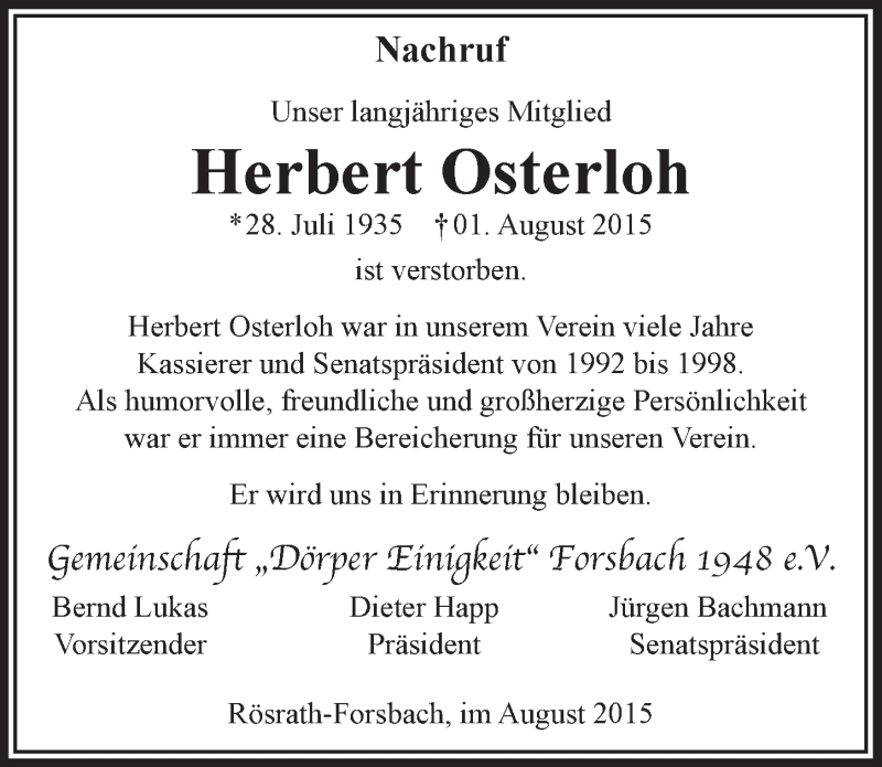  Traueranzeige für Herbert Osterloh vom 19.08.2015 aus  Bergisches Handelsblatt 