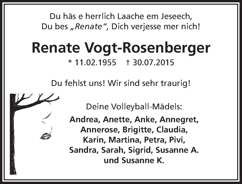  Traueranzeige für Renate Vogt-Rosenberger vom 12.08.2015 aus  Lokalanzeiger 