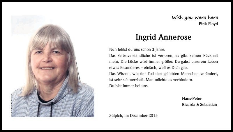  Traueranzeige für Ingrid Annerose vom 09.12.2015 aus Kölner Stadt-Anzeiger / Kölnische Rundschau / Express