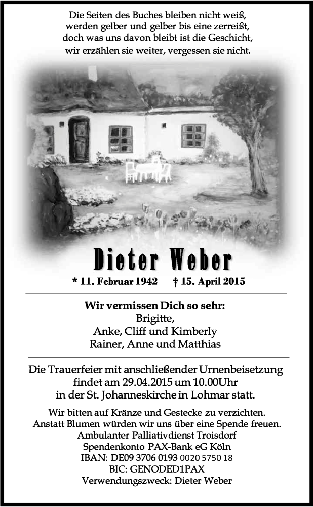  Traueranzeige für Dieter Weber vom 23.04.2015 aus Kölner Stadt-Anzeiger / Kölnische Rundschau / Express