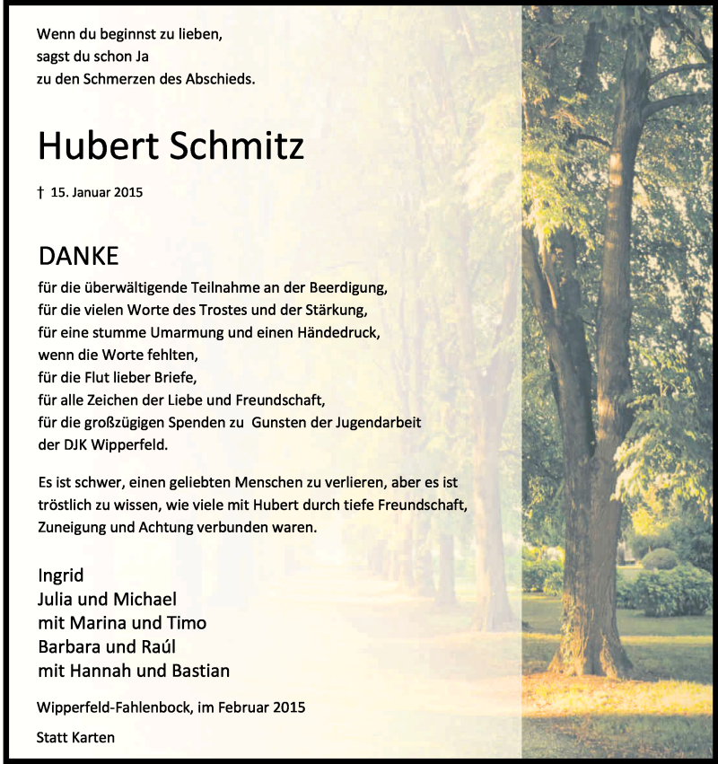 Traueranzeige für Hubert Schmitz vom 14.02.2015 aus Kölner Stadt-Anzeiger / Kölnische Rundschau / Express
