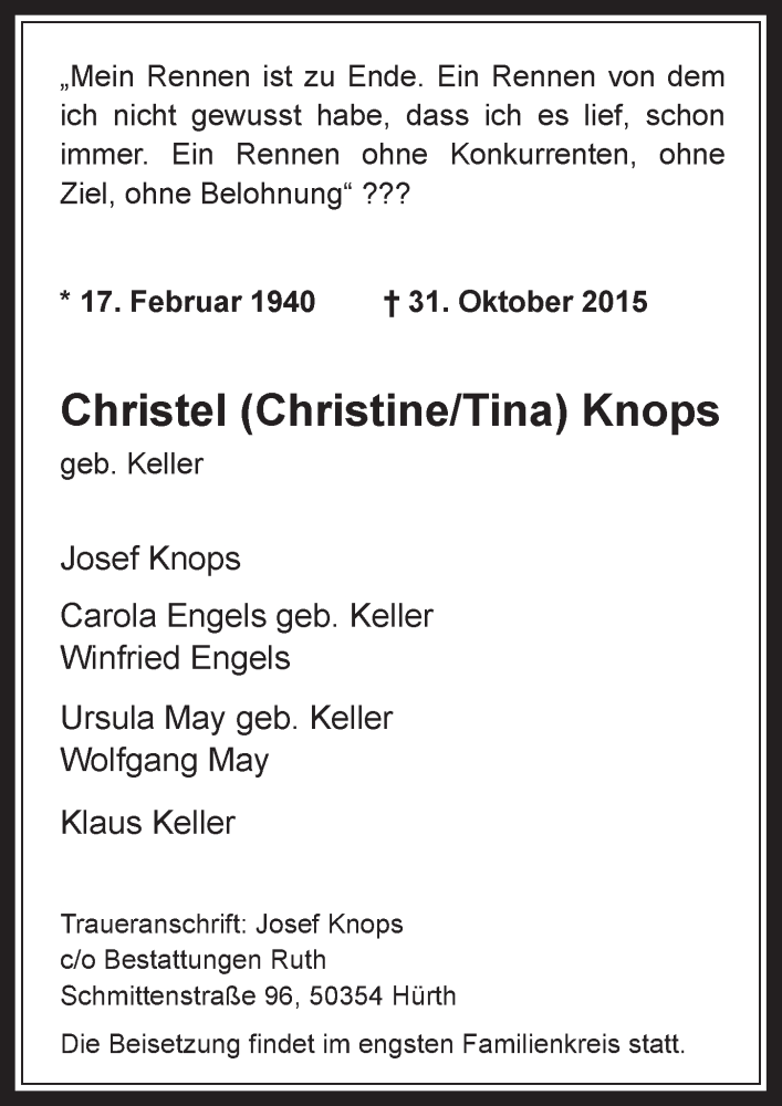  Traueranzeige für Christel Knops vom 11.11.2015 aus  Werbepost 