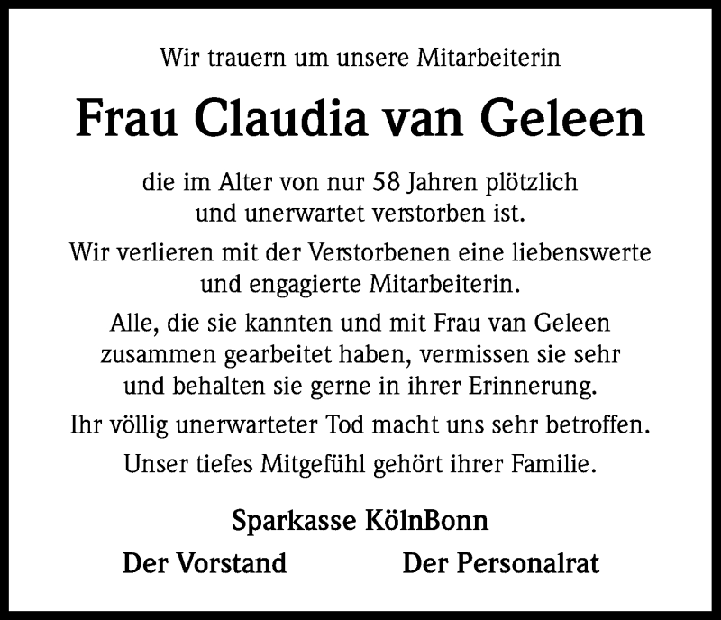  Traueranzeige für Claudia van Geleen vom 15.07.2015 aus Kölner Stadt-Anzeiger / Kölnische Rundschau / Express