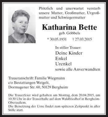 Anzeige von Katharina Bette von  Werbepost 