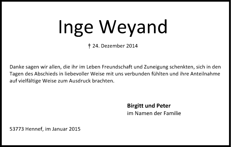  Traueranzeige für Inge Weyand vom 31.01.2015 aus Kölner Stadt-Anzeiger / Kölnische Rundschau / Express