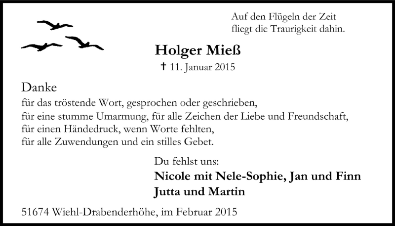  Traueranzeige für Holger Mieß vom 25.02.2015 aus  Anzeigen Echo 