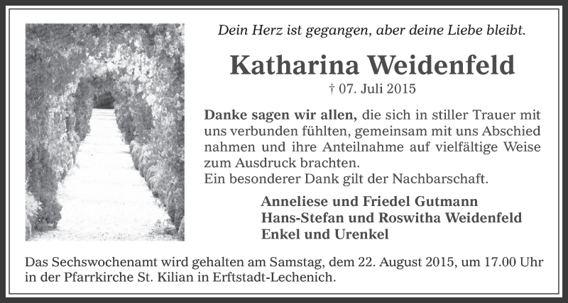  Traueranzeige für Katharina Weidenfeld vom 12.08.2015 aus  Werbepost 