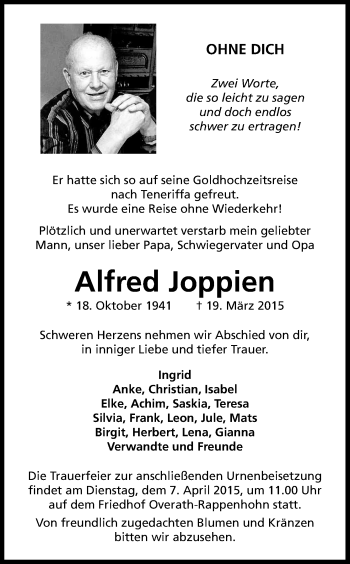 Anzeige von Alfred Joppien von Kölner Stadt-Anzeiger / Kölnische Rundschau / Express