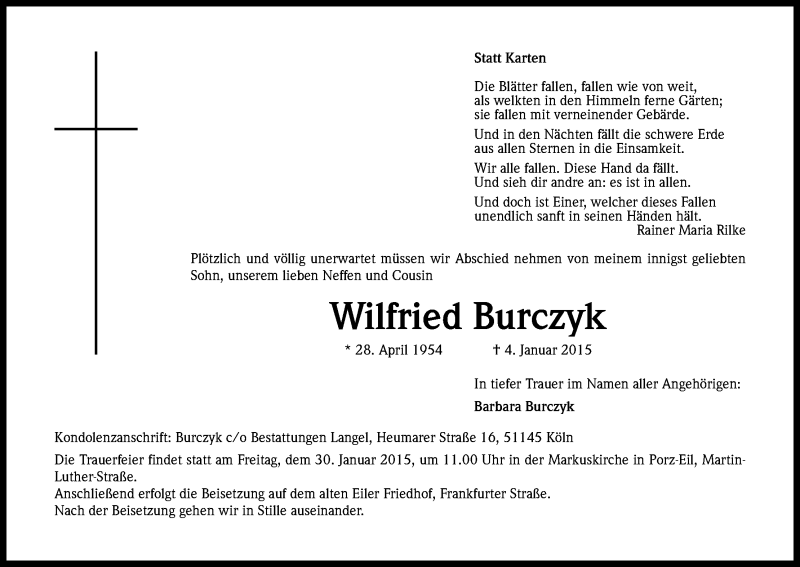 Traueranzeige für Wilfried Burczyk vom 24.01.2015 aus Kölner Stadt-Anzeiger / Kölnische Rundschau / Express