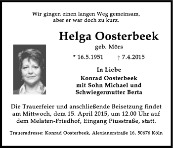 Anzeige von Helga Oosterbeek von Kölner Stadt-Anzeiger / Kölnische Rundschau / Express
